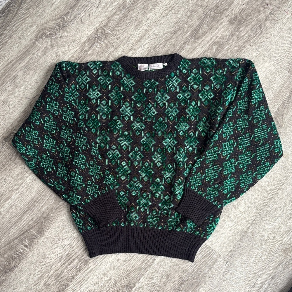 Bugatchi | Vintage Black, Green and Gold Geometric Crewneck Sweater Size Medium